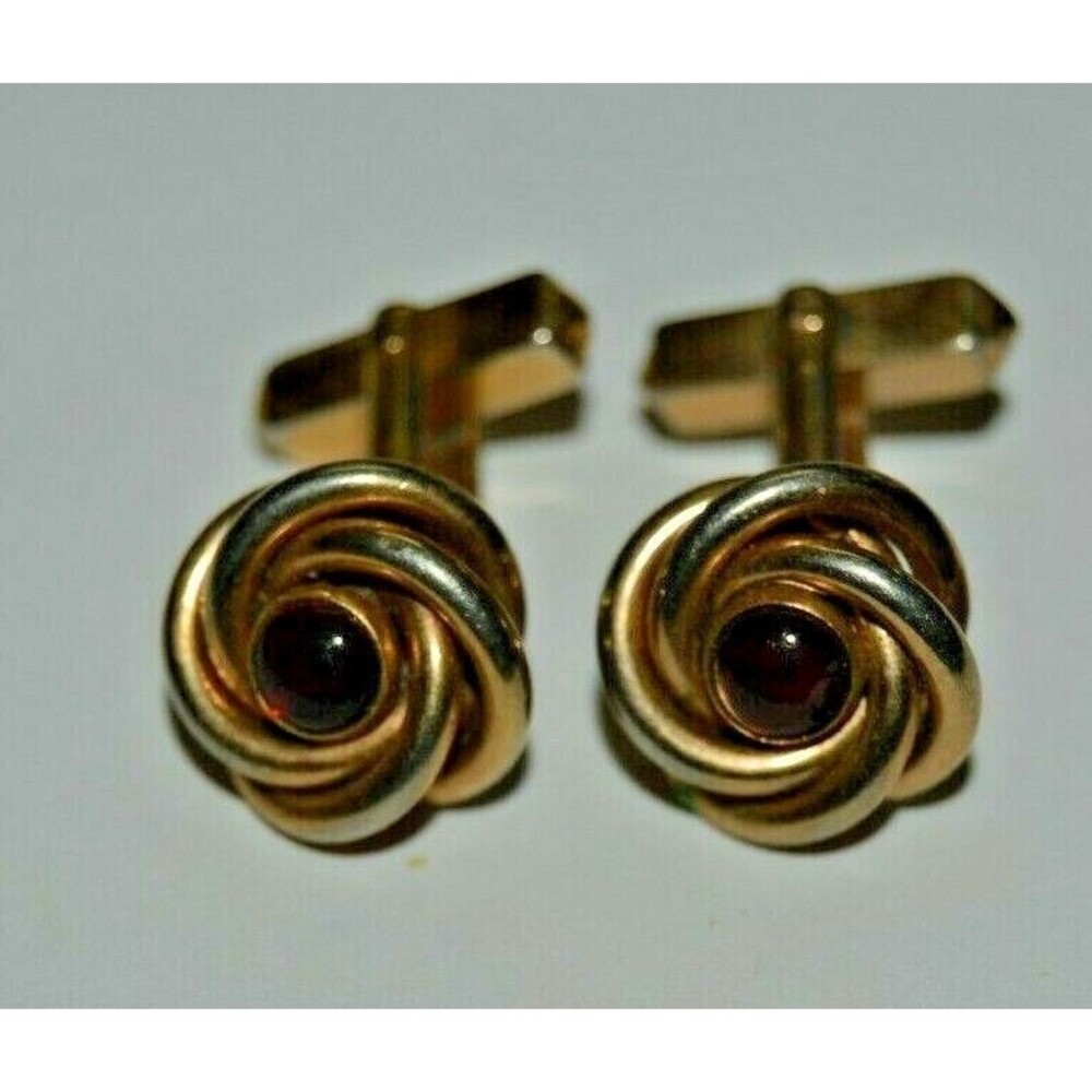 Nice Vintage Round Roped Brass Tone Deep Red Accent Classic Cuff Links RARE
